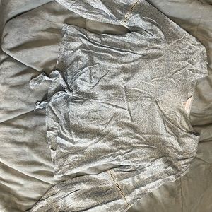 Lauren Conrad blue and white floral top with tie at bottom